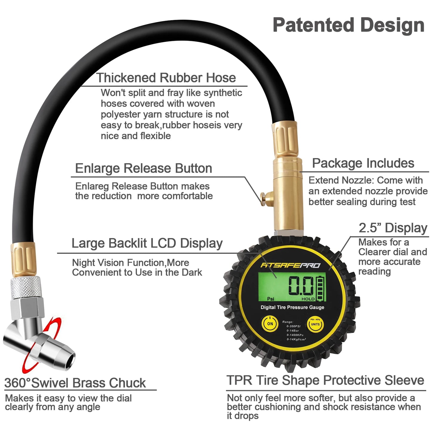 Digital Tyre Pressure Gauge with Flexible Hose and Backlight