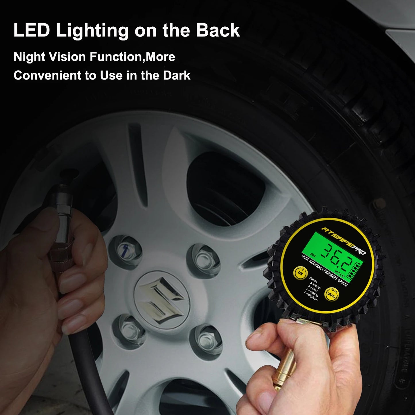 Digital Tyre Pressure Gauge with Flexible Hose and Backlight